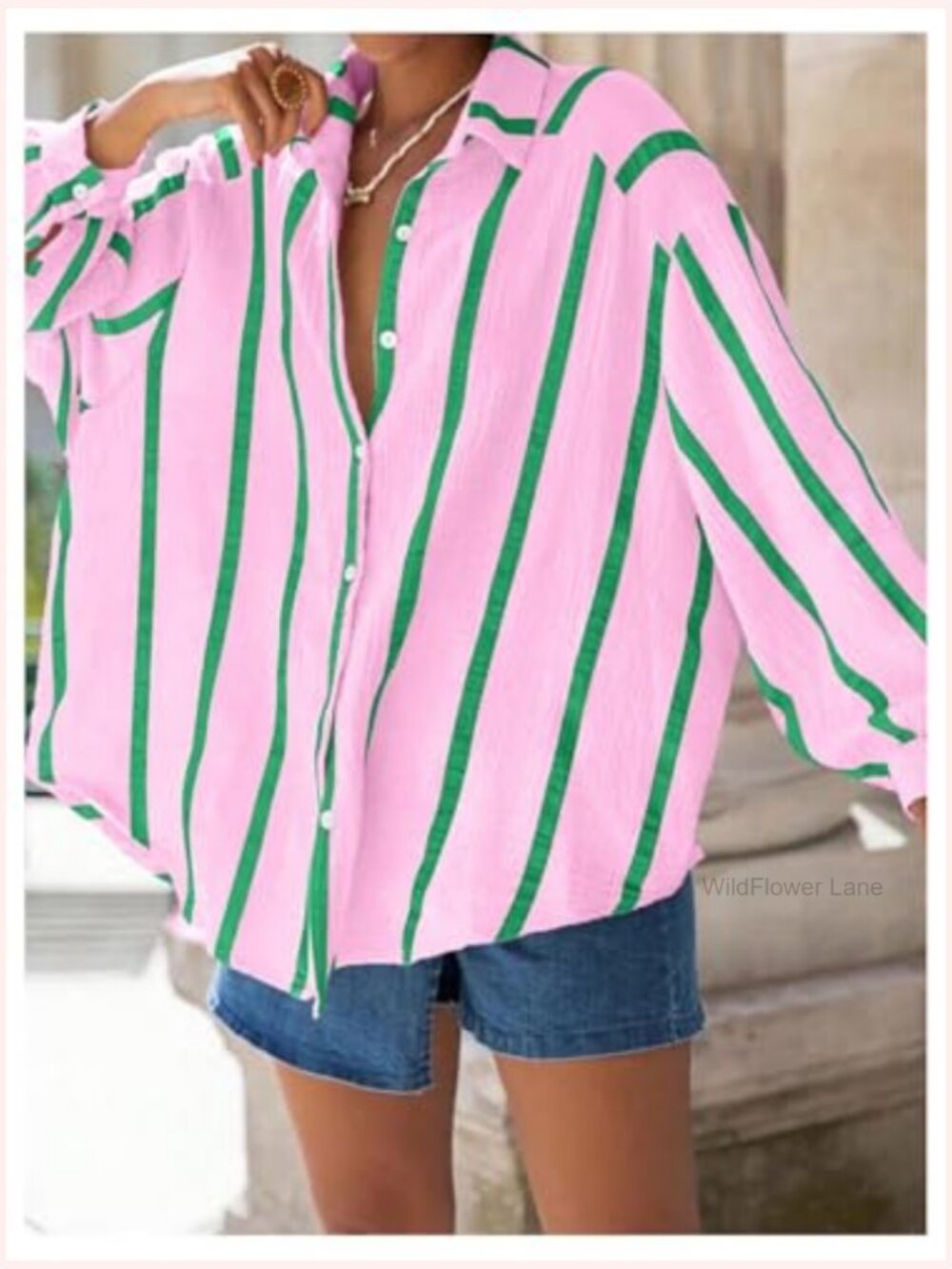 Striped Button Down Blouse Oversized Long Sleeve Collared Shirt - Picture 3 of 5